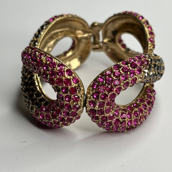 JESSICA SIMPSON INFINITI RHINESTONE WIDE CUFF GOLDTONE BRACELET PINK AND BLACK - Picture 6 of 7